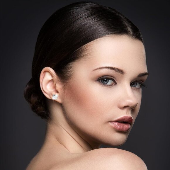 Unisex Silver Cubic Zirconia Square Round Stud Earrings - Water Resistant, 4 Pai - Picture 5 of 7